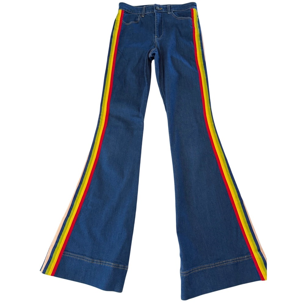 Alice + Olivia Rainbow Side Stripe Flare Jeans Blue CC711C04107 Size 29